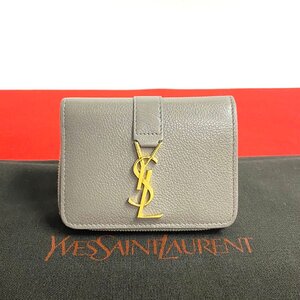 極 美品 YVES SAINT LAURENT イヴ・サンローラン YSL ロゴ レザー 本革 二つ折り財布 ウォレット 小銭入れ カードケース グレー 14687