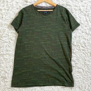 極美品 希少L ARMANI JEANS アルマーニジーンズ ブランドロゴ 総柄 パイピング グリーン 緑 半袖 Tシャツ カットソー トップス コットン 