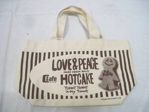 キャンバス ミニバッグ ハンドバッグ LOVE&PEACE Cafe HOTCAKE 生成り