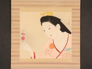 【模写】【伝来】ik1394〈吉岡美枝〉梅もつ美人図「春」共箱 浪華女流画家 島成園門下 大阪の人