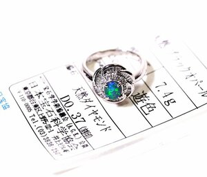 Y-11☆Pt900 ブラックオパール/ダイヤモンド0.37ct リング 日本宝石科学協会ソーティング付き
