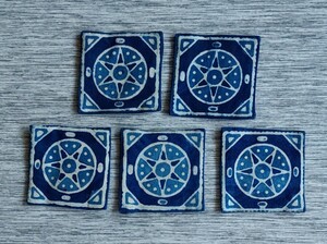 アジアン雑貨 インド製 藍染めプリントコースター 星 ５枚