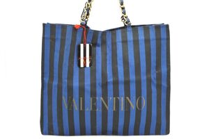 ヴァレンティノ ヴィンテージ レア チェーン ショルダー バッグ トート ストライプ Vロゴ キャンバス 青 ブルー VALENTINO 0523h