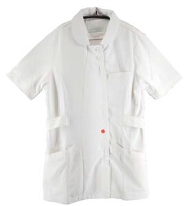 CH2591◇ 新品 訳あり ナース服 半袖 襟元ボタン 前ファスナー 左胸ポケット 右前下ポケット2個 左前ポケット1個 Mサイズ 白 ホワイト