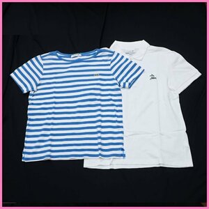 ★LACOSTE/ラコステ 半袖ポロシャツ S + 鹿の子Tシャツ 3/メンズM相当/ホワイト×ライトブルー/ボーダー/ロゴワッペン/コットン&0616500072