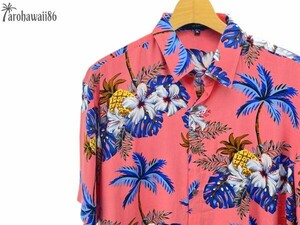 arohawaii86◆AH-4173.L【Summer Island/ピンク系】半袖シャツ/夏/ヴィンテージ/アロハシャツ/柄シャツ☆1スタ☆１円スタート☆