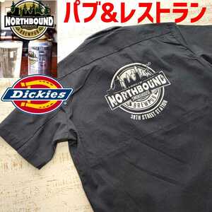 A738 Dickies ワーク シャツ 半袖 M アメリカ 古着 ディッキーズ パブ ダイナー ビア レストラン ビール クラフト バック 前 プリント L 激