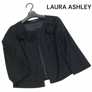 LAURA ASHLEY ローラアシュレイ 通年 フラワー コサージュ♪ ノーカラー ジャケット Sz.9　レディース 黒 フォーマルにも　K3T00257_8#O