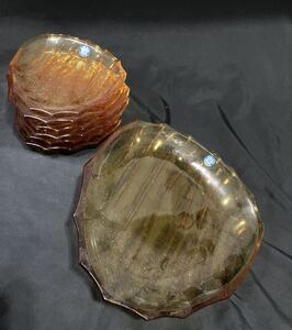 佐々木硝子 佐々木ガラス レトロ アンバーガラス 大皿 小皿 銘々皿 気泡入り vintage sasaki glass handcrafted amber bowl dish fruit