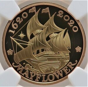 【0064】メイフラワー号出航400周年記念 　2ポンド1/2オンス　2色プルーフ金貨　最高鑑定