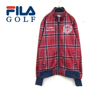 1N2257-K◆FILA GOLF フィラゴルフ 長袖ブルゾン◆sizeM 赤 ジップアップ 内フリース チェック柄 ロゴ刺繍 アウター ゴルフウエア メンズ