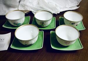 深川製磁　花ひょうたん　六瓢　茶器　茶托　茶托付き湯呑み　5客