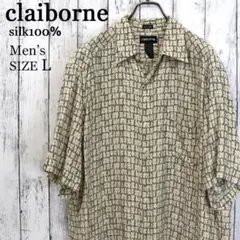 海外古着　claiborne　テロ感　ドレープ　シルク100　総柄プリントシャツ