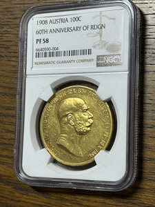 1908年 フランツ・ヨーゼフ 雲上の女神 オーストリア 金貨 PF58 NGC 希少