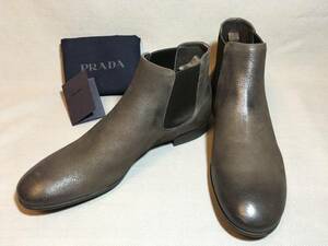 新品 プラダ サイドゴア レザー ブーツ 7.5 茶 PRADA ヤギ革 本革 靴 ブラウン シューズ a