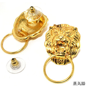 c0398 ライオンヘッドピアス ゴールド4個【ドアノック ハンドメイド用アクセサリーパーツ素材】蒸気猫パーツ