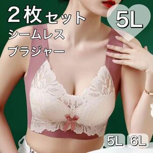 2枚セット ノンワイヤー シームレス ブラジャー ピンク レース 大きいサイズ 5L 4XL ナイトブラ 夜用ブラ B90 C90 D90