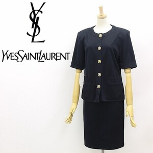 ヴィンテージ◆Yves Saint Laurent イヴ サンローラン デザインボタン 半袖 ノーカラー ジャケット＆スカート スーツ ブラック M