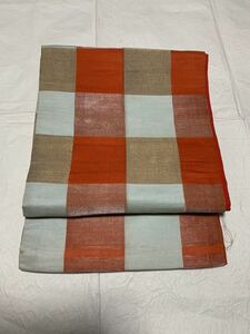 アンティーク帯　正絹織生地　オレンジ白金糸の市松文様　時代物　A260