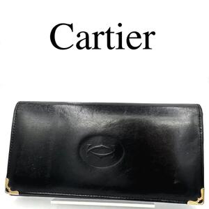 Cartier カルティエ 長財布 がま口 ワンポイントロゴ ブラック レザー