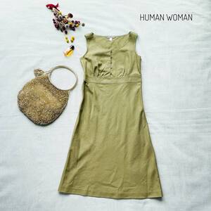 美品☆厳選　大人おしゃれ♪　定価3万　HUMAN WOMAN　ノースリーブ　リネンワンピース　膝丈　カーキー　M