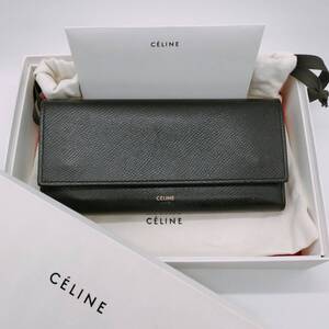 【洗練と品格の共演】　CELINE セリーヌ　ラージフラップウォレット 長財布 レザー ゴールドロゴ　黒