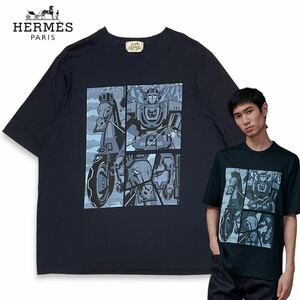 7 正規品 HERMES エルメス 22AW 半袖コットン Mega Chariot s/s T- shirt メガ・シャリオ グラフィック プリント Tシャツ ネイビー XL