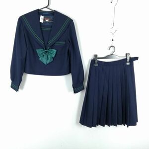 1円 セーラー服 スカート リボン 上下3点セット 170A 大きいサイズ カンコー 冬物 緑2本線 女子 学生服 中学 高校 紺 中古 ランクC EY0082