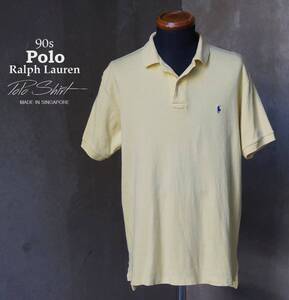 90s シンガポール製 ポロ Polo ラルフローレン Ralph Lauren 黄色 レモンイエロー 紺ポニー 半袖 ポロシャツ L polo 92 93