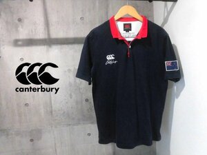 CANTERBURY OF NEW ZEALAND カンタベリー ニュージーランド国旗ワッペン x ロゴ刺繍 ボーダー ラガーシャツ XL/半袖 ポロシャツ/ラグビー