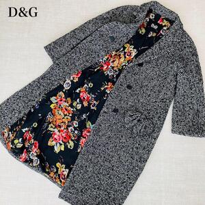 【美品】D&G ドルチェ＆ガッバーナ チェスターコート ダブル ヘリンボーン 花柄 アルパカ ウール シルク リボン グレー 38 M