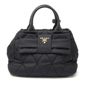 PRADA プラダ ナイロン リボン ハンドバッグ 2WAY ショルダーBAG レザー ブラック×ゴールド金具 カジュアル シンプル レディース