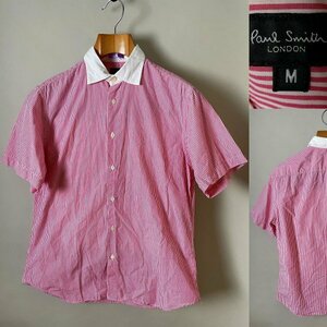 ★【送料無料 日本製】アウトレット品 Paul Smith LONDON（ポールスミス ロンドン）クレリック ストライプ シャツ 半袖 M ピンク×ホワイト