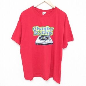 XL/古着 半袖 Tシャツ メンズ レコード コットン クルーネック 赤 レッド 23jul27 中古