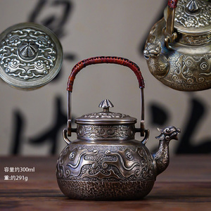 古銀 茶壺 「純銀饕餮紋獸口提梁壺」 銀瓶 煎茶 湯沸 急須 茶道具 南鐐 金工 茶器 時代物 銀純度99.9% LT-05423