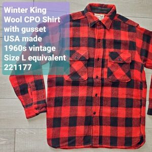 Winter King ウィンターキング■良品 60s vintage USA製 マチ付 ヘビーウェイト バッファローチェック 長袖 CPO ウールシャツ L相当 赤×黒