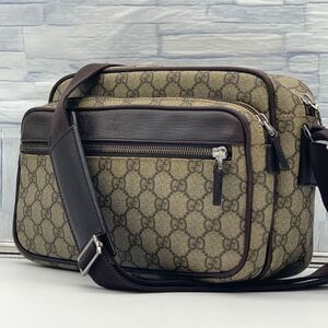 美品 入手困難品●グッチ GUCCI ショルダーバッグ メッセンジャー ボディ GGスプリーム PVC レザー 総柄 茶 斜め掛け メンズ ビジネス 1円