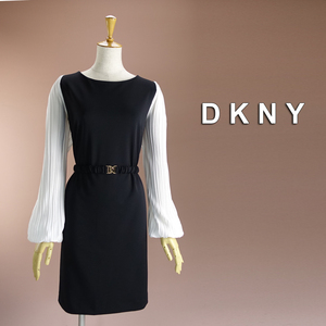 新品 DKNY 14/19号 ダナキャラン 黒 白 ワンピース パーティドレス 長袖 ブラック 大きいサイズ 結婚式二次会 披露宴 フォーマル 凛47F0903