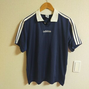 OLD ADIDAS オールドアディダス DESCENTE製 デサント 日本製 襟付き ゲームシャツ ジャージ Tシャツ 90s ビンテージ M-L ネイビー(紺)