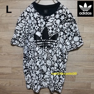 adidas originals アディダスオリジナルス FLOWER フラワー ボタニカル 花柄 総柄 ビッグ トレフォイル ロゴ プリント Tシャツ L ブラック