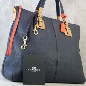 希少 極美品 コーチ COACH メンズ 2way トートバッグ メンズ ブリーフケース 紺 シボ革 レザー マルチカラー チャーム A4 PC可 ビジネス