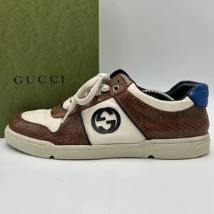 1円【美品 希少デザイン】 GUCCI グッチ 【王者の貫禄】 リアルパイソン インターロッキング メンズ スニーカー シューズ 靴 ブラウン 29cm