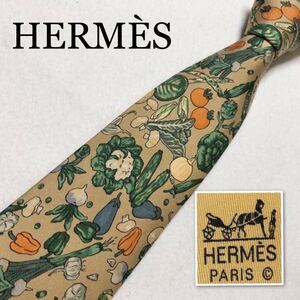 ■美品■希少デザイン■HERMES エルメス　ネクタイ　スカーフ柄　野菜総柄　ベジタブル　ボタニカル　シルク100% フランス製　ベージュ