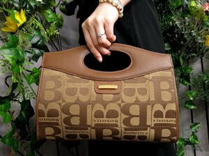 ●超美品●BURBERRY バーバリー●ロゴプレート●総柄●ナイロン カーフ レザー 本革●ハンド バッグ●ブラウン●G金具●かばん●Js48660