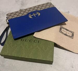 【新品箱付】GUCCI グッチGGスプリームクラッチバッグ　ブルー