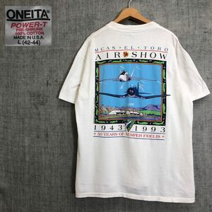 G2366-F-N◆ 90s ◆ old ◆ MCAS ミラマーエアショー 半袖Tシャツ カットソー USA製 ◆ sizeL コットン100 ホワイト 古着 メンズ 春夏