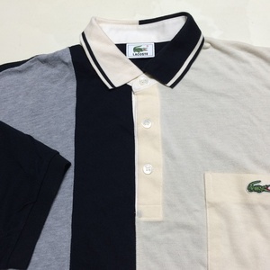 ほぼ新品 LACOSTE ラコステ 半袖ポロシャツ サイズ５ クリーム色、黒、グレー縦切り返し 鹿の子生地 ロングテールサイドスリット