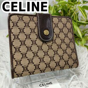 【希少可愛い】セリーヌ 二つ折り財布 トリオンフ ベージュ CELINE 財布 ロゴ 総柄 レザー ブラウン 革 レディース 折り財布 女性 男性 