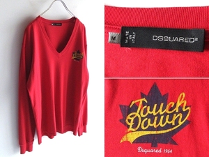 DSQUARED2 ディースクエアード 2001SS ロゴ/Touch Down/メイプルリーフプリント ダメージ加工 Vネック ロンT カットソー M 赤 イタリア製