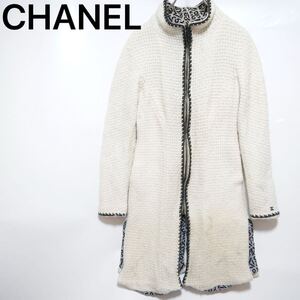 CHANEL シャネル ツイードコート ジャケット ウール100% 裏地総柄 シルク ココマーク ホワイト